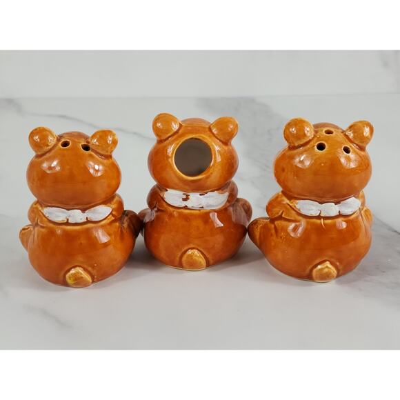 Bear Cub Salt & Pepper Shakers Toothpick Holder 3" Glazed Ceramic 70's Japan Vtg - Picture 8 of 14